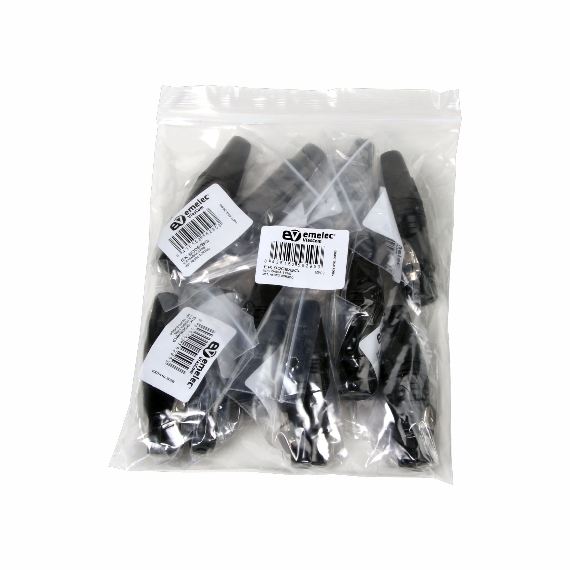Bolsa de plástico con 10 Conectores XLR Hembra negro de Emelec VíasCom