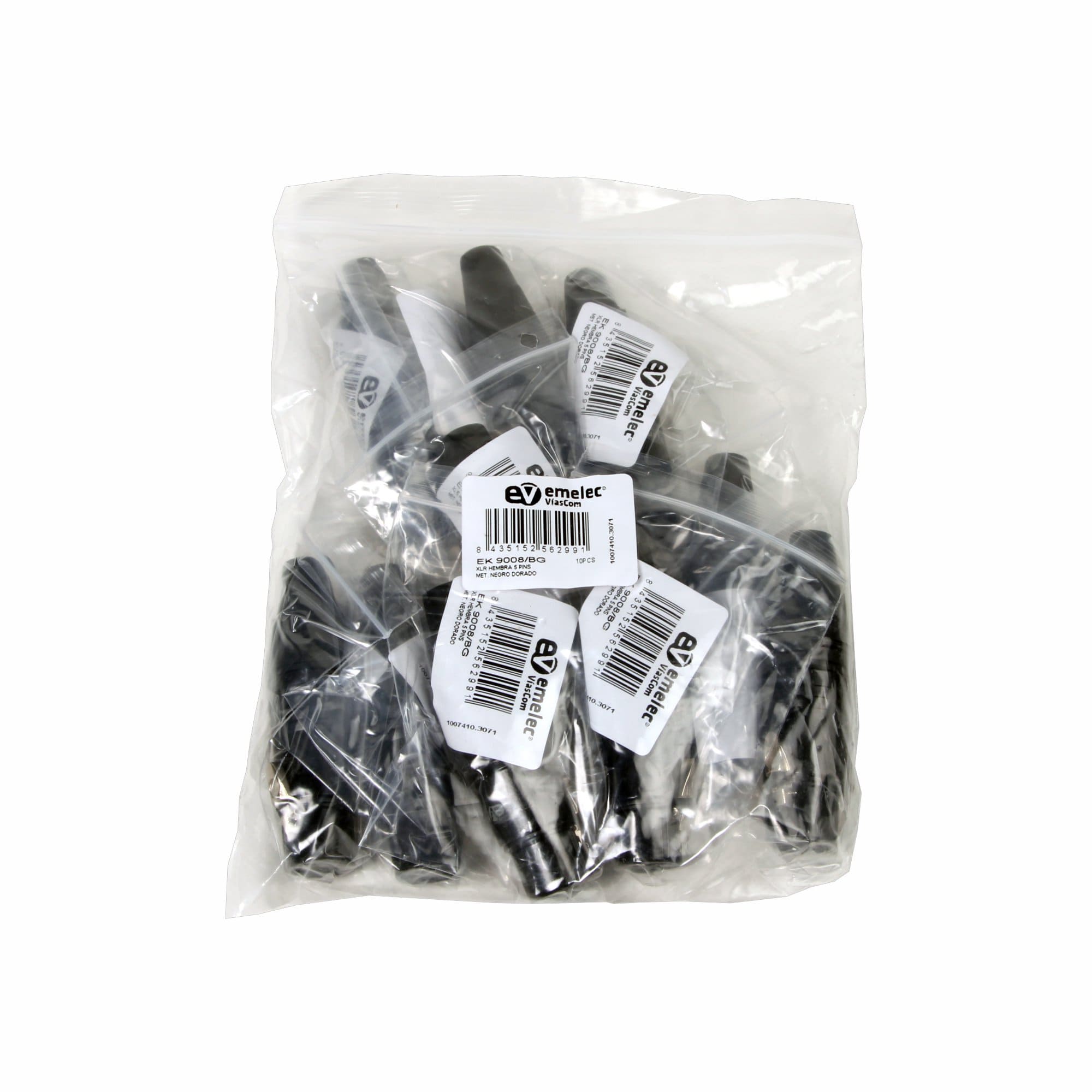 Plastic bag with 10 black 5-pin female XLR connectors from Emelec ViaCom