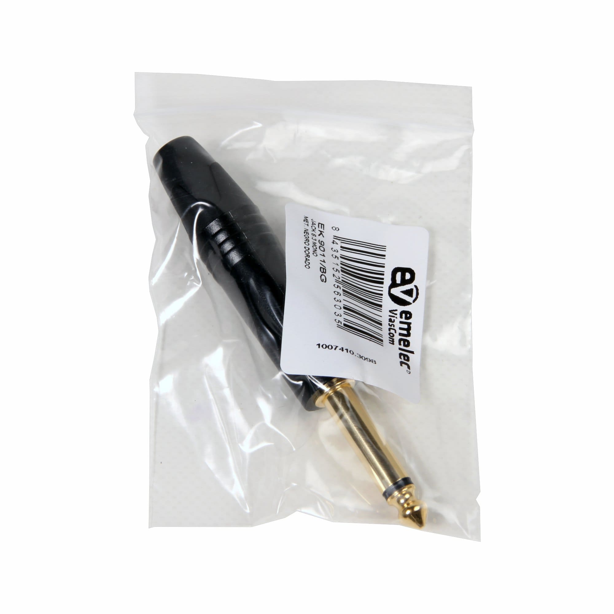 Individual plastic bag with Jack 6.3 mono male connector black and gold from Emelec VíasCom