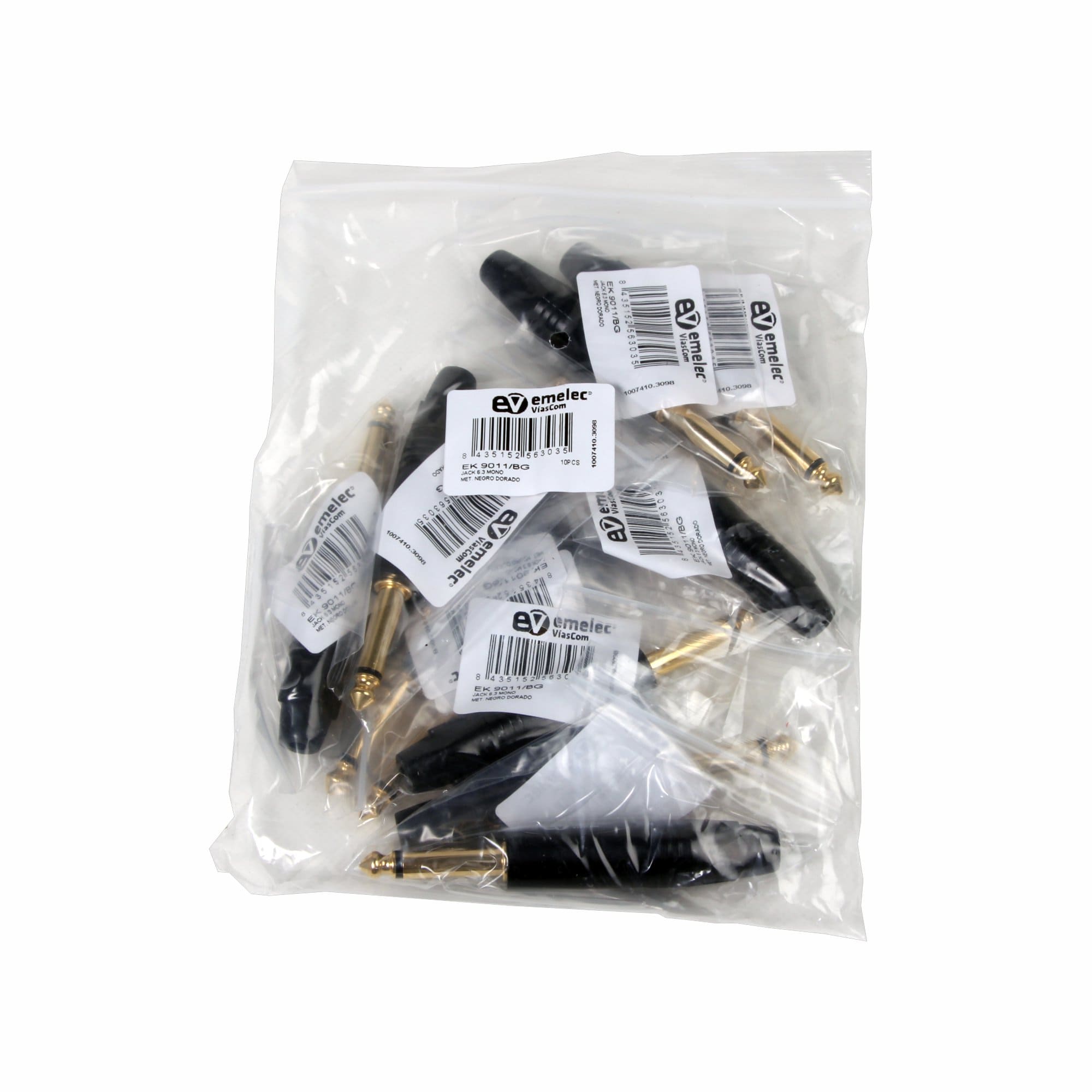 Saco de plástico com 10 conectores macho Jack 6.3 preto e dourado mono da Emelec ViasCom