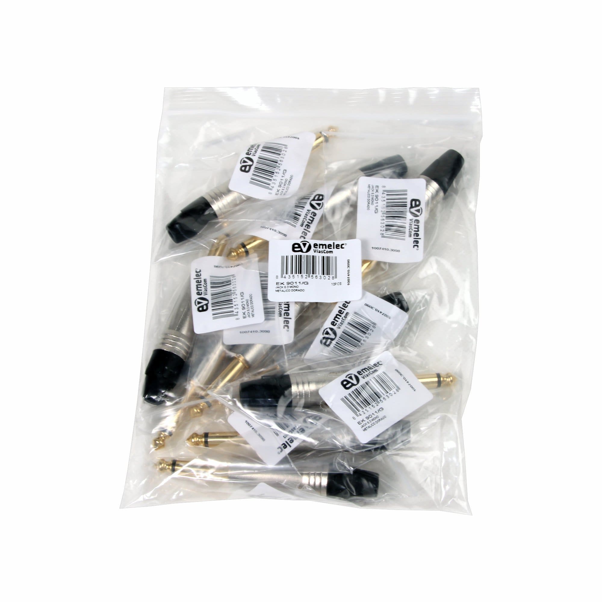 Sachet en plastique contenant 10 connecteurs Jack 6.3 Emelec ViasCom 6.3 mâle mono plaqué or