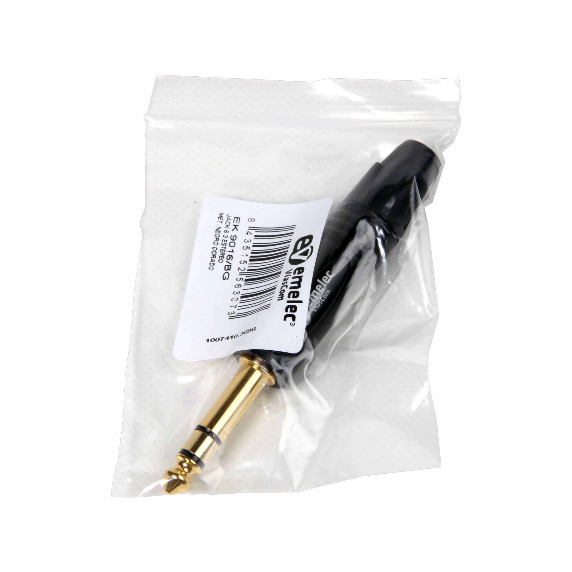 Individual plastic bag with gold and black stereo Jack 6.3 male connector of Emelec VíasCom