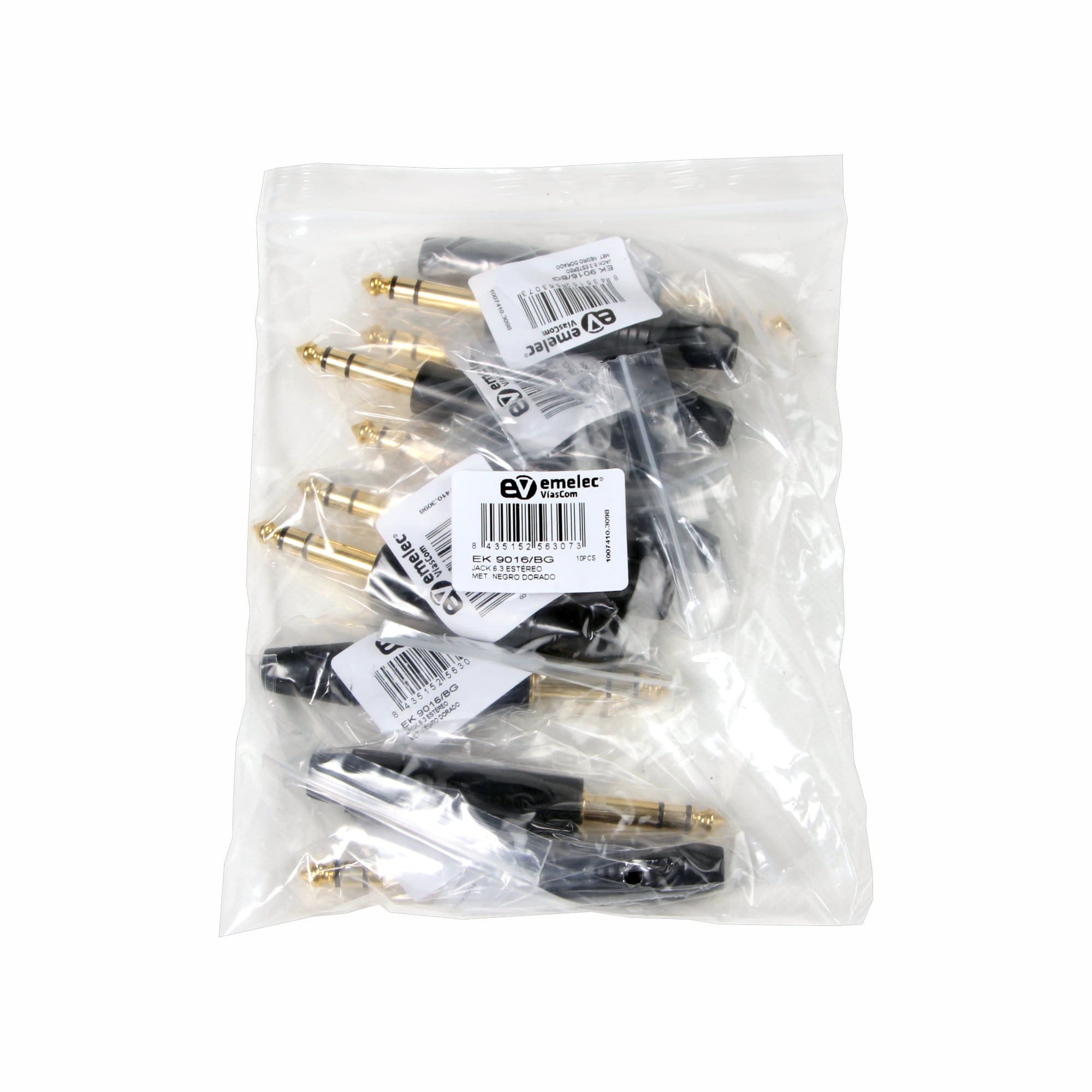 Plastic bag with 10 Jack 6.3 stereo male connectors gold and black from Emelec VíasCom