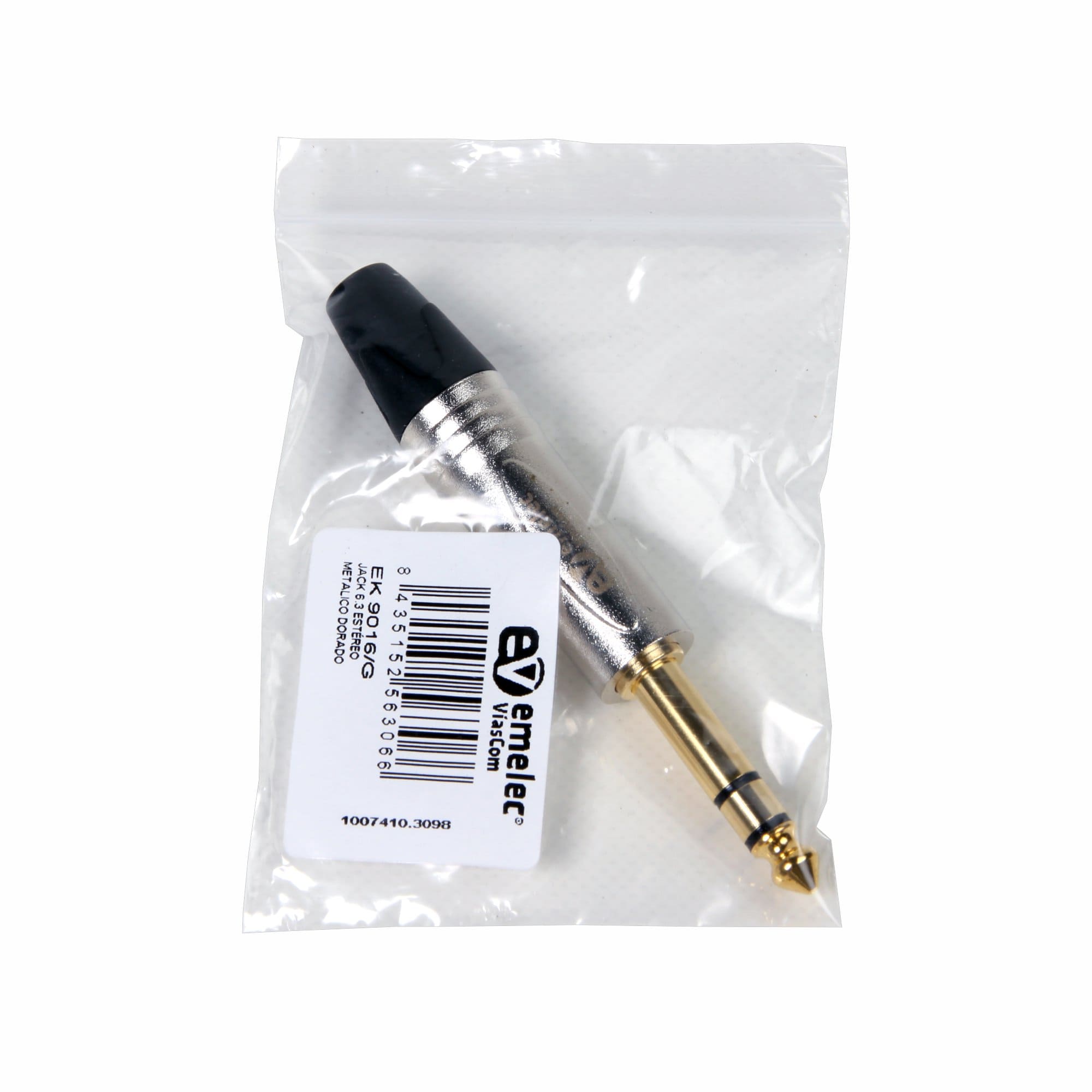 Individual plastic bag with gold-plated stereo Jack 6.3 male connector of Emelec VíasCom