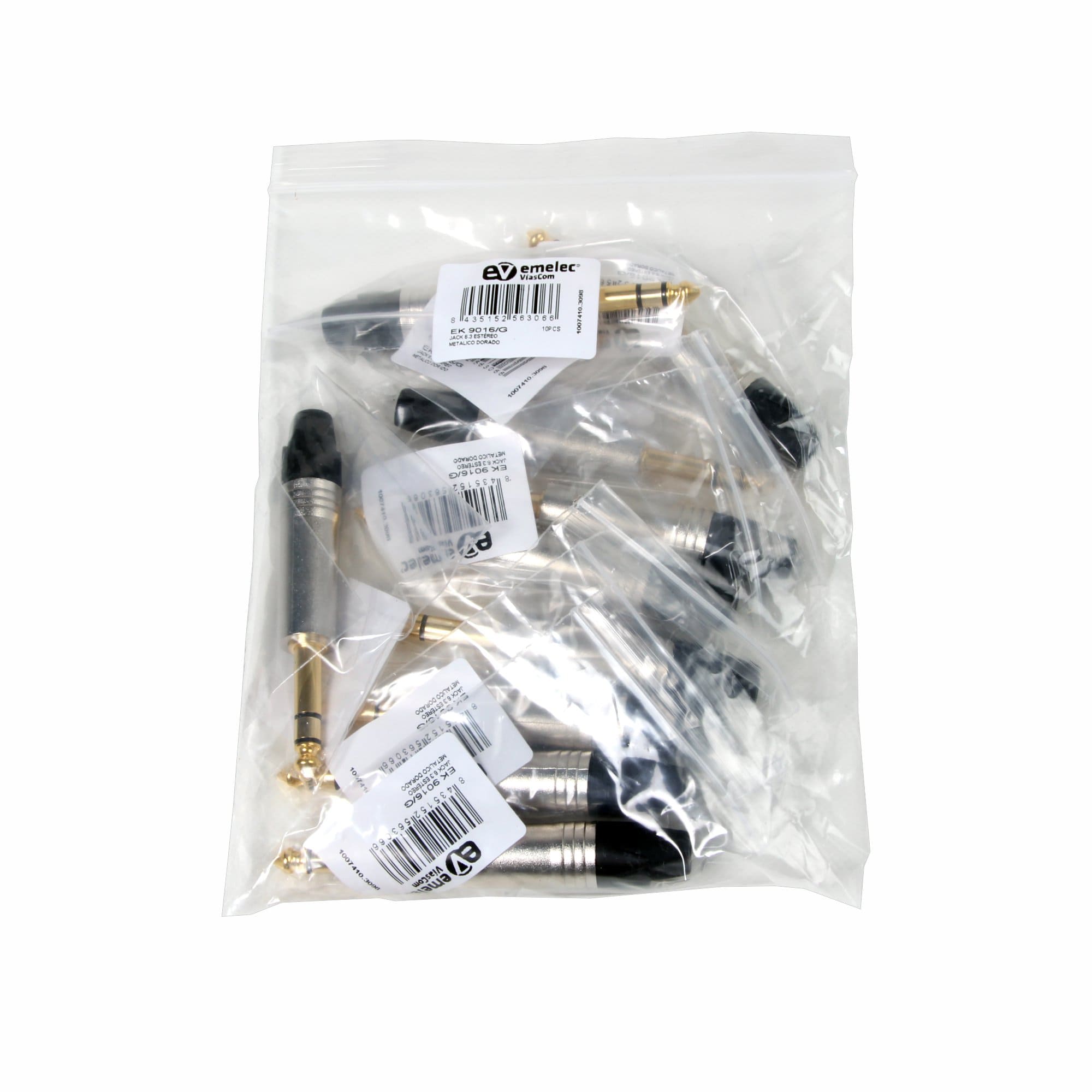 Plastic bag with 10 Jack 6.3 male stereo gold-plated plugs from Emelec ViasCom
