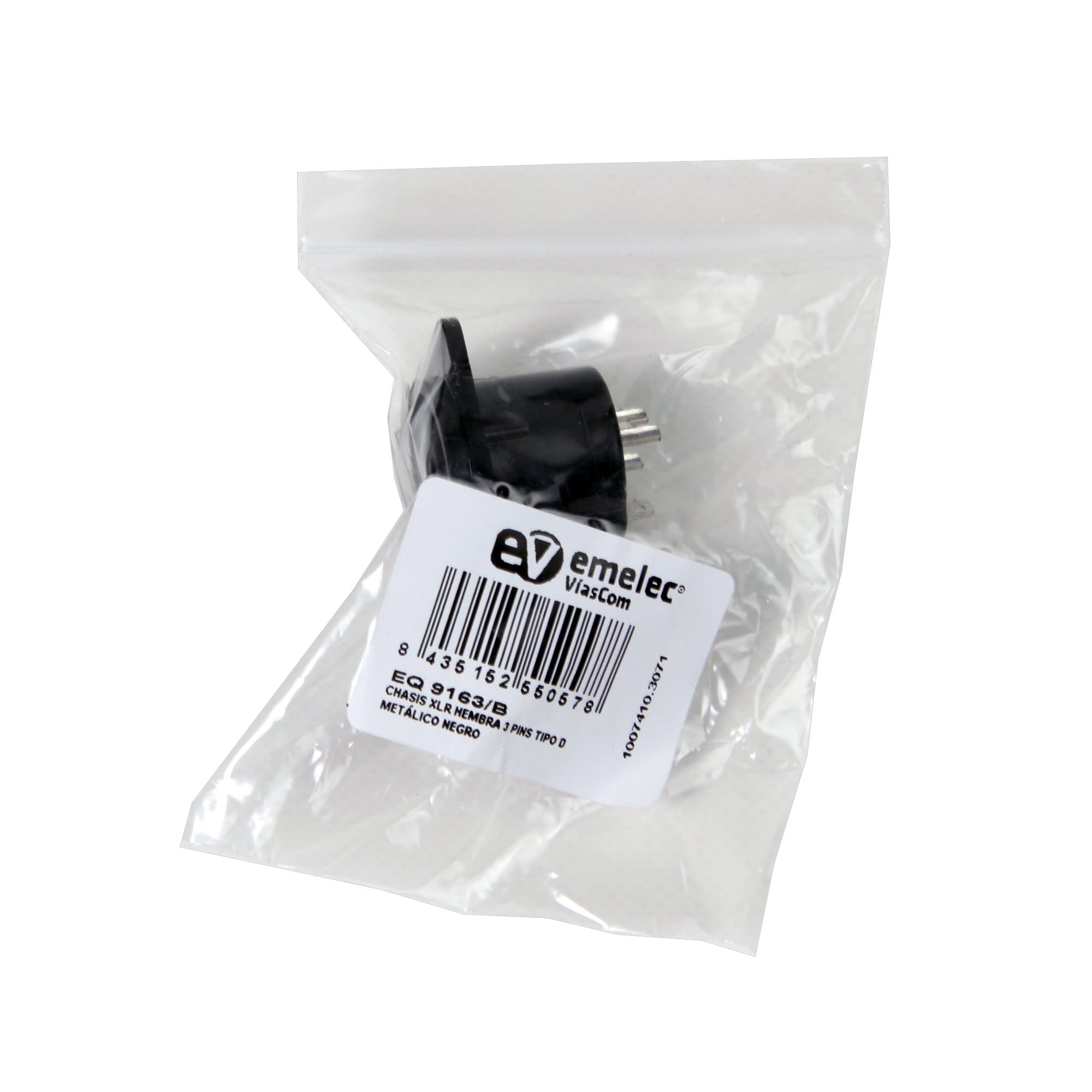 Plastic bag with black XLR Chassis Female 3 Pins Type D of Emelec ViasCom
